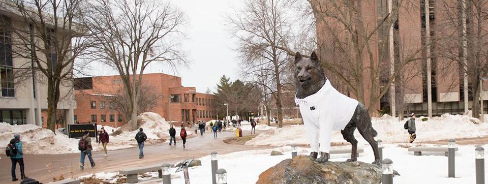 Husky statue on MTU campus in winter
